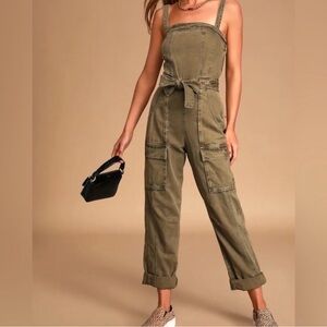 Free People Olive Cargo Utility Jumpsuit with Tie Waist